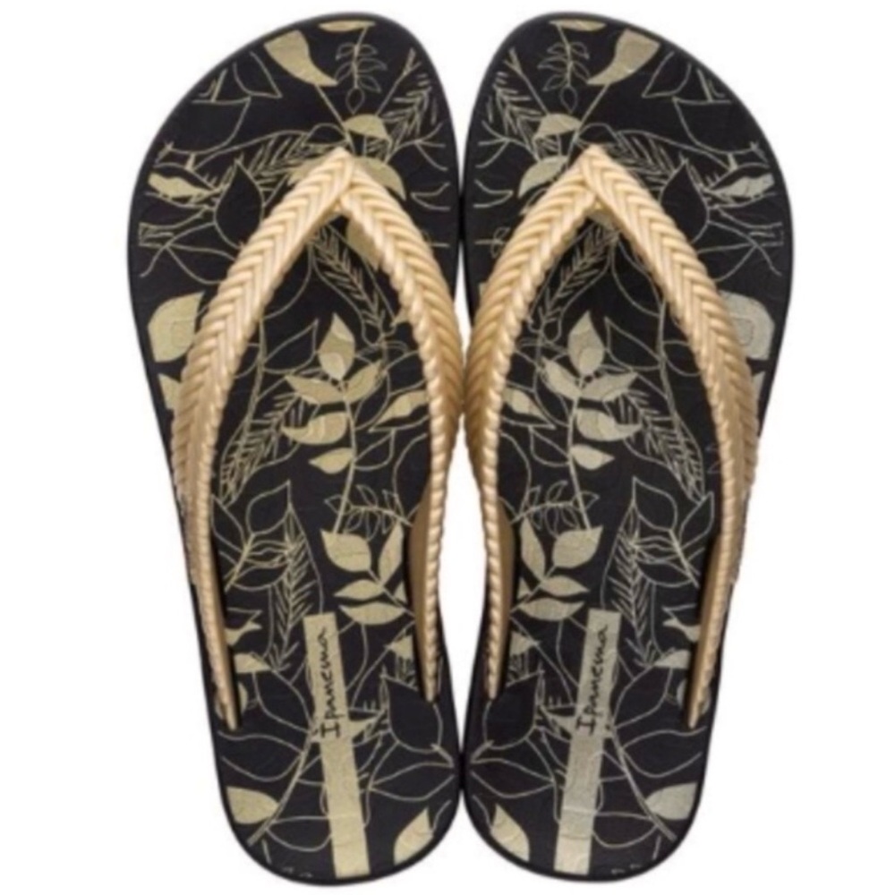 Grendene Ipanema Flip Flops Sandals Anatomica Nature Print Nlack & Gold New NWT